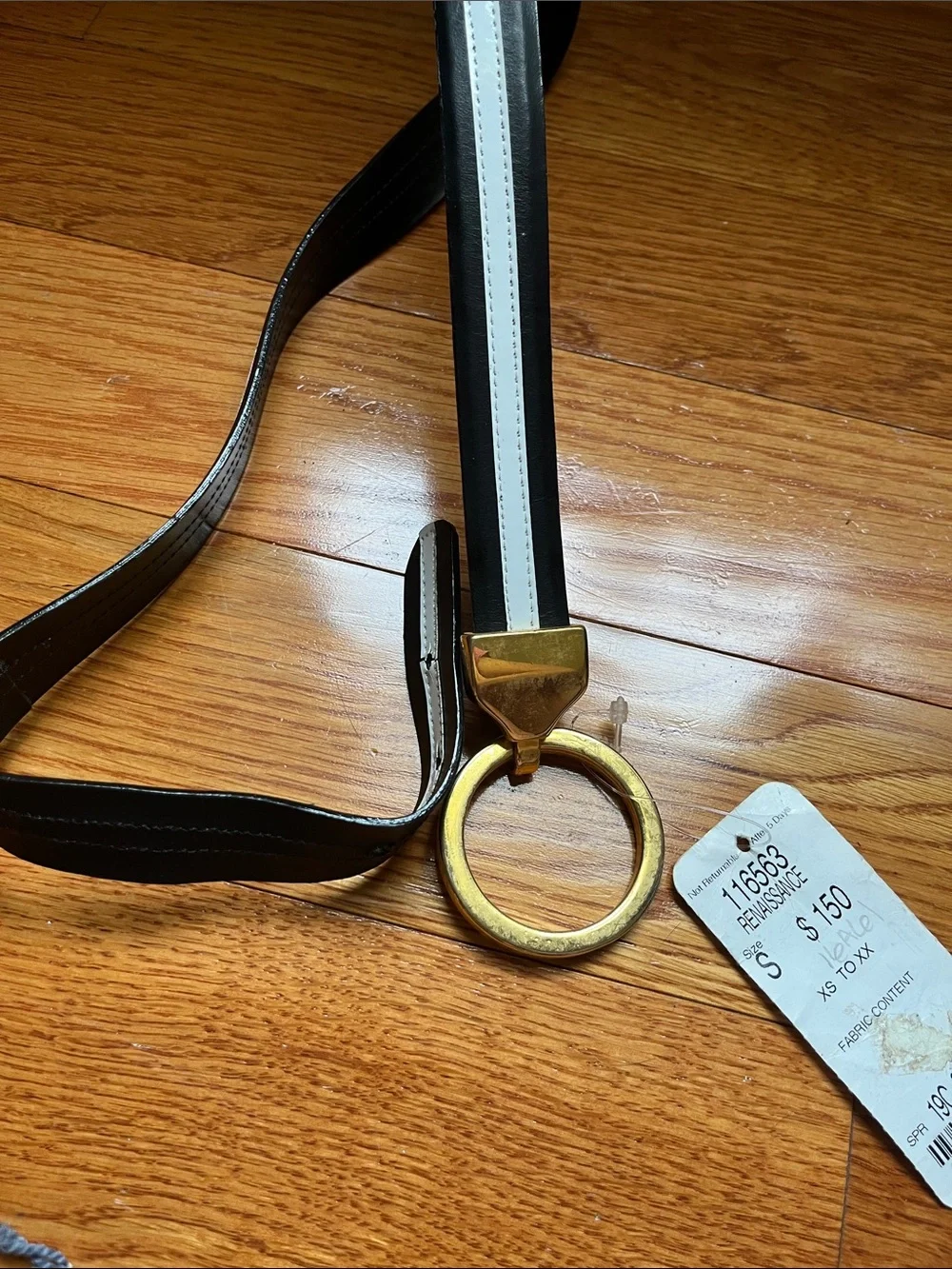 NWT Vintage Carlisle Black Leather Belt with White Stripe and Gold Ring Buckle